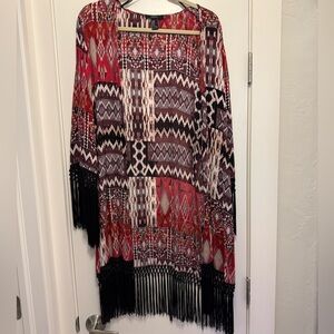 Forever 21 Red & Black Aztec Fringe Open Kimono